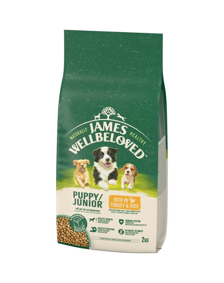 JAMES WELLBELOVED Junior 2 kg alimento secco completo per cuccioli <14 mesi ricco di tacchino e riso