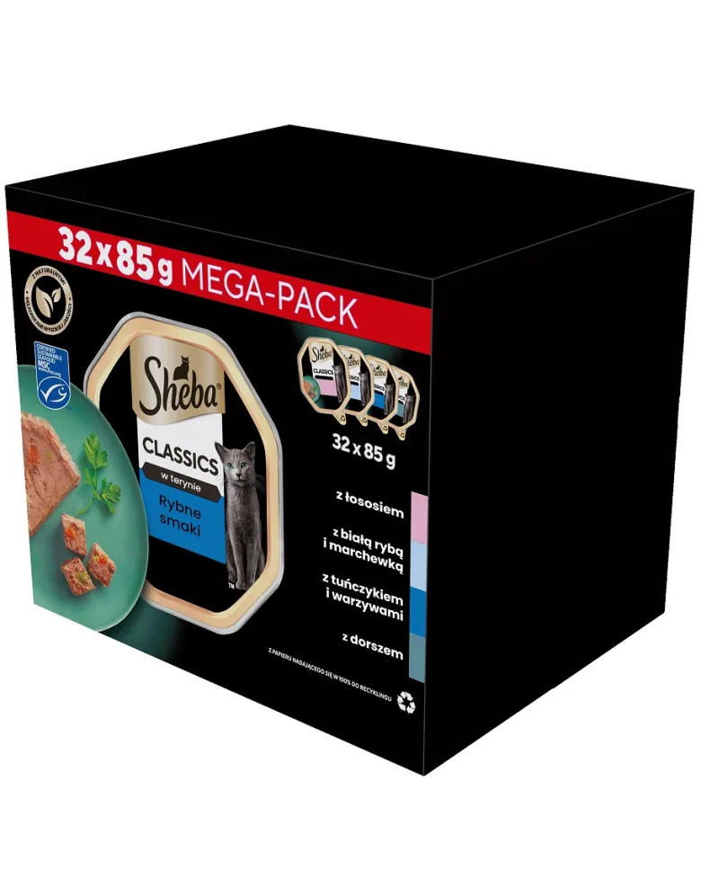 SHEBA Classic in Paté Ocean Selection mix di sapori di pesce in forma di paté Pesce bianco, Merluzzo, Salmone e Tonno 32x85g