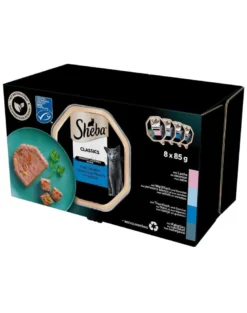SHEBA Classics Sapori di pesce in vaschetta 32x85 g Alimento umido completo per gatti adulti con salmone, pesce bianco e carote, tonno e verdure, merluzzo