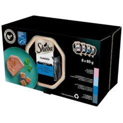 SHEBA Classics Sapori di pesce in vaschetta 32x85 g Alimento umido completo per gatti adulti con salmone, pesce bianco e carote, tonno e verdure, merluzzo