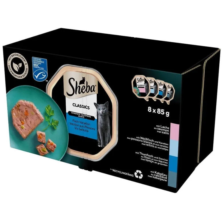 SHEBA Classics Sapori di pesce in vaschetta 32x85 g Alimento umido completo per gatti adulti con salmone, pesce bianco e carote, tonno e verdure, merluzzo