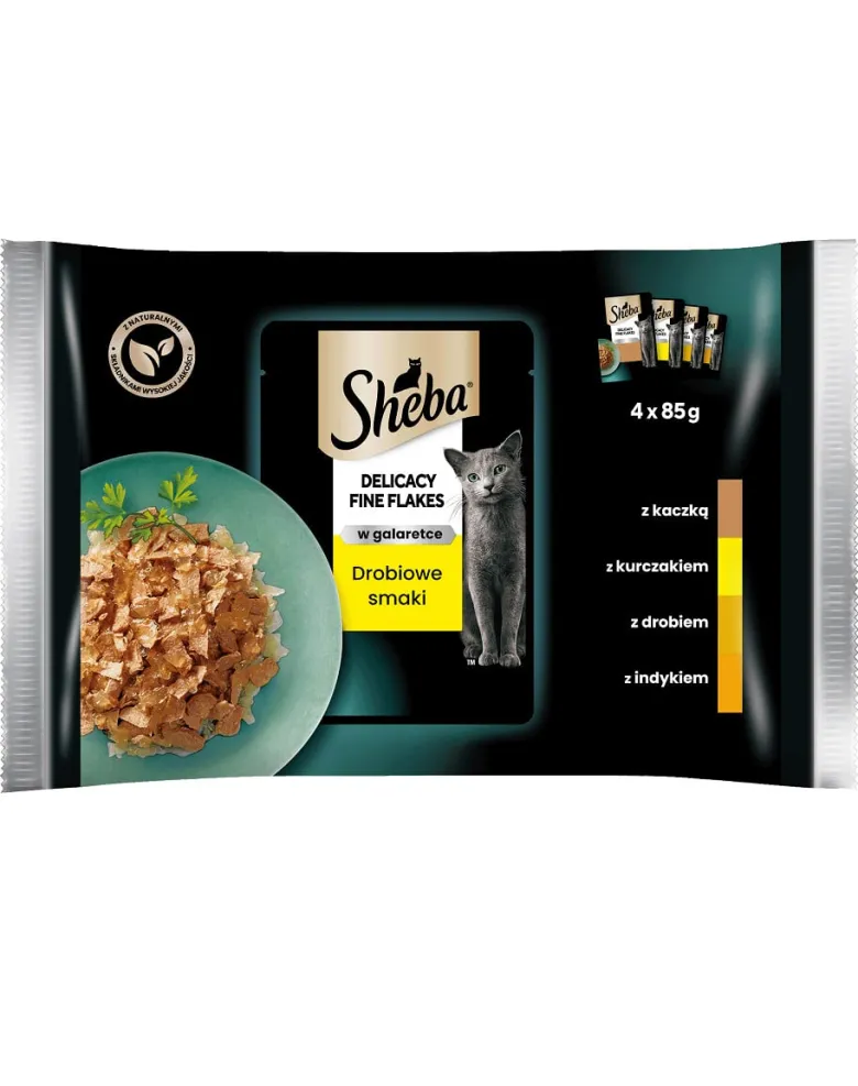 SHEBA Delicacy Fine Flakes Aromi di pollame in bustina 4x85g cibo umido completo per gatti adulti, bocconcini in gelatina con: anatra, pollo, pollame, tacchino
