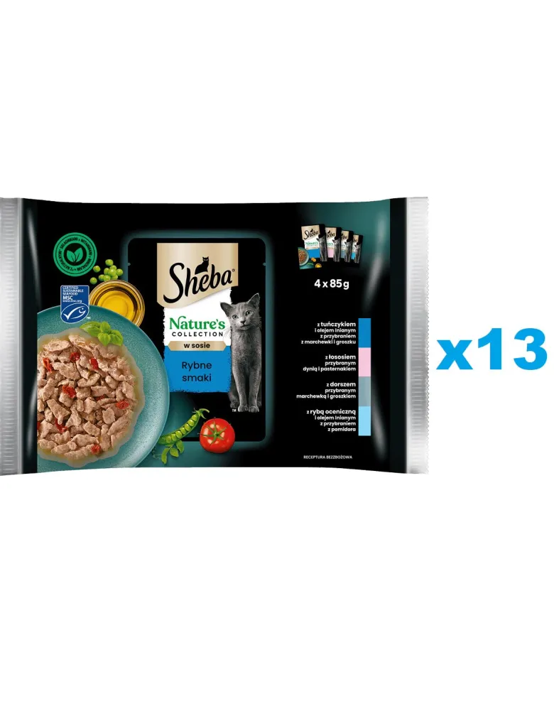 SHEBA Nature’s Collection Sapori di pesce 52x85 g Alimento umido completo in salsa per gatti adulti con tonno, salmone, merluzzo e pesce oceanico