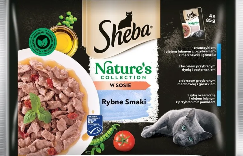 SHEBA Nature’s Collection Sapori di pesce 52x85 g Alimento umido completo in salsa per gatti adulti con tonno, salmone, merluzzo e pesce oceanico