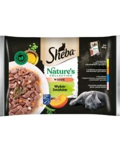 SHEBA Nature’s Collection Selezione di sapori 4x85 g Alimento umido completo per gatti adulti, bocconcini in salsa con pollo, tacchino, tonno e salmone