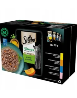 SHEBA Nature’s Collection Selezione di sapori 12x85 g Alimento umido completo per gatti adulti, bocconcini in salsa con pollo, tacchino, tonno, salmone