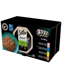 SHEBA Sauce Collection Selezione di gusti in vaschetta 8x85 g Alimento umido completo per gatti adulti, bocconcini in salsa con salmone, tonno, pollo e anatra