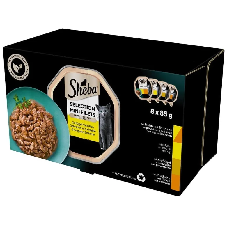 SHEBA Selection Aromi di pollame in vaschetta 32x85 g alimento umido completo per gatti adulti, bocconcini in salsa con pollo e tacchino, pollo, pollame, tacchino