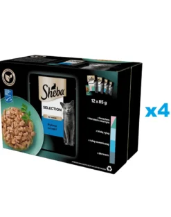 SHEBA Selection Sapori di pesce in bustina 48x85g Alimento umido completo per gatti adulti bocconcini in salsa con salmone e merluzzo nero, pesce bianco, pesce oceanico, merluzzo