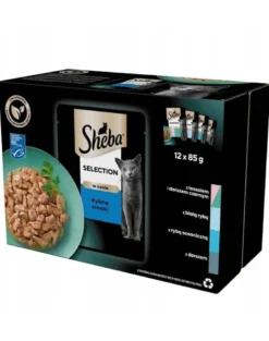 SHEBA Selection Sapori di pesce in bustina 48x85g Alimento umido completo per gatti adulti bocconcini in salsa con salmone e merluzzo nero, pesce bianco, pesce oceanico, merluzzo