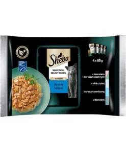 SHEBA Selection Select Slices Sapori di pesce 4x85g Alimento umido completo in salsa per gatti bocconcini con salmone e merluzzo nero, pesce bianco, pesce oceanico, merluzzo