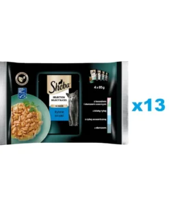 SHEBA Selection Select Slices Sapori di pesce 52x85g Alimento umido completo in salsa per gatti bocconcini con salmone e merluzzo nero, pesce bianco, pesce oceanico, merluzzo