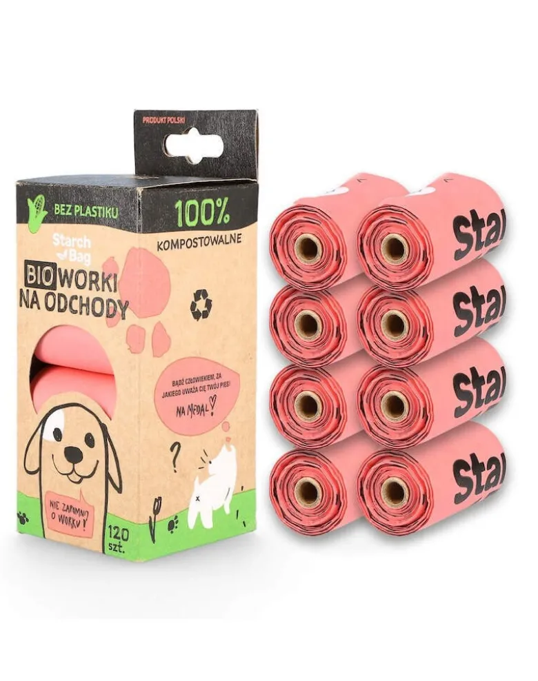 STARCH BAG Sacchetti BIO compostabili per feci 8 rotoli x 15 pezzi, colore rosa