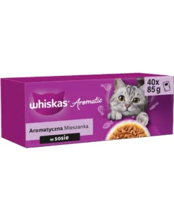 WHISKAS Adult Aromatica Mix 40x85 g cibo umido completo in bustina per gatti adulti in salsa con pezzi di maiale glassato e carote, pollo succoso, con pezzi di pesce oceanico in brodo, salmone delicato e piselli