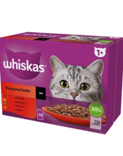WHISKAS Adult Classic Meals 48x85g Alimento umido per gatti bocconcini con manzo, pollo, agnello e pollame in salsa