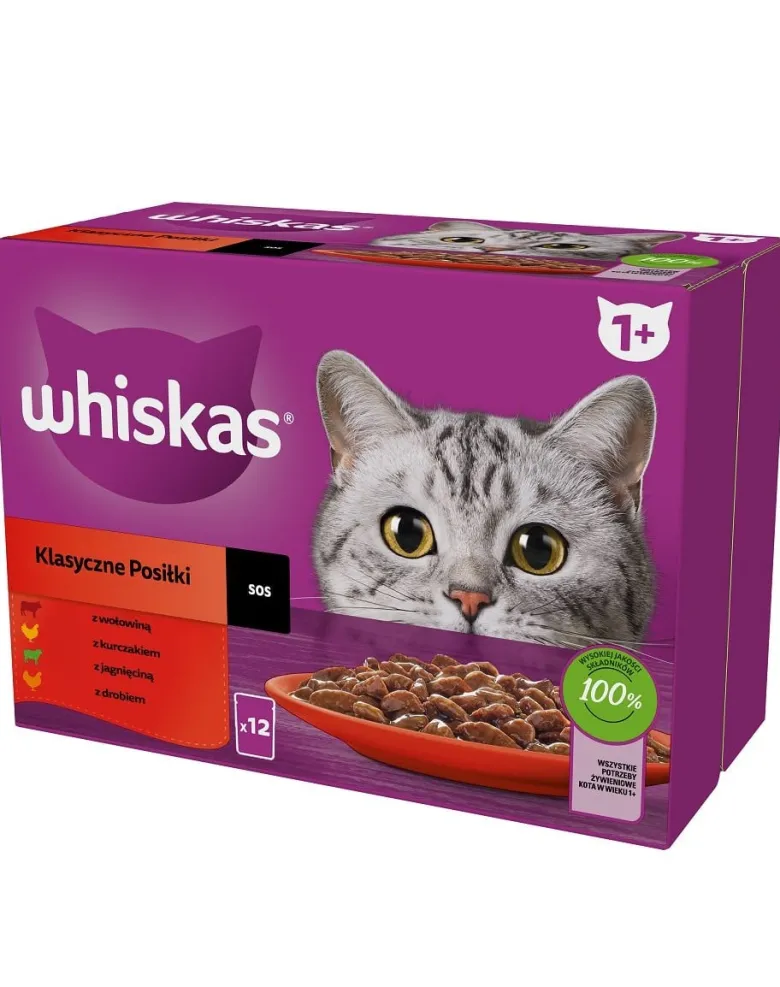 WHISKAS Adult Classic Meals 48x85g Alimento umido per gatti bocconcini con manzo, pollo, agnello e pollame in salsa