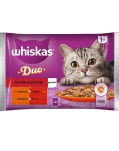 WHISKAS Adult in bustina 4x85g Alimento umido per gatti bocconcini in gelatina con manzo e pollame, agnello e anatra