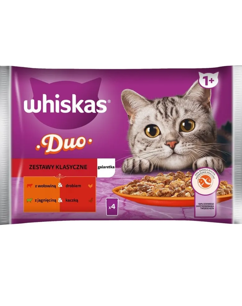 WHISKAS Adult in bustina 52x85g Alimento umido per gatti bocconcini in gelatina con manzo e pollame, agnello e anatra