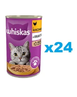 WHISKAS Adult 24x400g - Alimento umido completo per gatti adulti, pezzi di pollo in gelatina