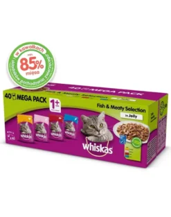 WHISKAS Adult 40x85g Gusti di pesce e tradizionali - cibo umido per gatti in gelatina (pollo, salmone, manzo, tonno)