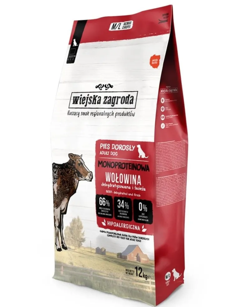 WIEJSKA ZAGRODA Alimento monoproteico con manzo per cani M/L 12 kg
