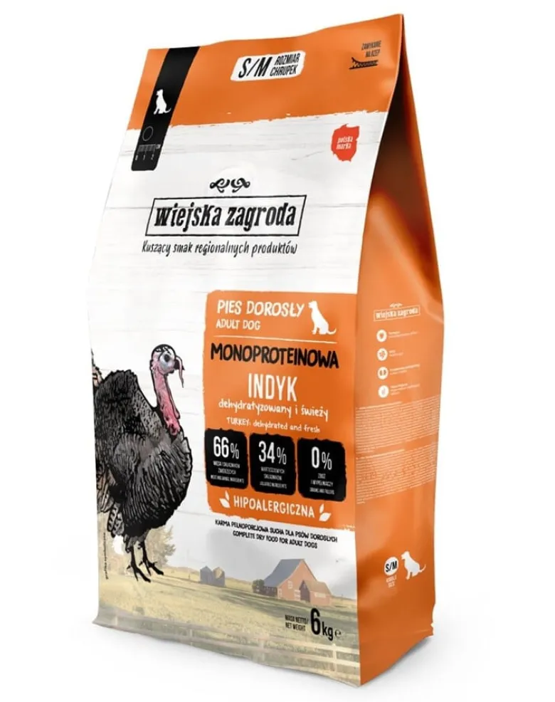 WIEJSKA ZAGRODA Alimento monoproteico con tacchino per cani S/M 6 kg